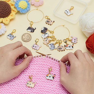 14Pcs 7 Styles Cat Alloy Enamel Pendant Locking Stitch Markers HJEW-HY00107-1