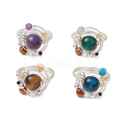 Planet Natural Amethyst & Tiger Eye & Citrine & Apatite & Green Aventurine Finger Rings RJEW-TA00165-1