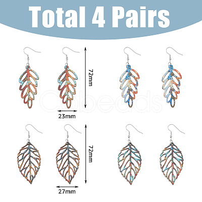 4 Pairs 4 Style Wood Hollow Leaf Dangle Earrings EJEW-FI0001-95-1