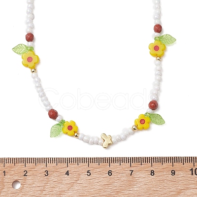 Faceted Round Natural Red Jasper & Flower Handmade Millefiori Glass & Glass Seed Beaded Necklaces for Women NJEW-MZ00150-01-1