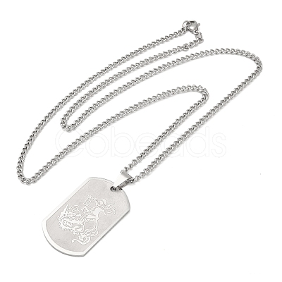 201 Stainless Steel Curb Chain Rectangle with Dragon Pendant Necklaces for Women NJEW-M008-03P-1