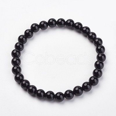 Natural Dyed & Heated Black Agate Stretch Bracelets G-N0264-02-1