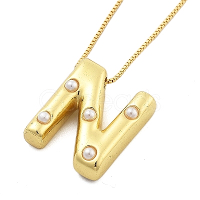 Brass & Plastic Pearl Letter Pendant Box Chain Necklaces for Women NJEW-U017-01G-14-1