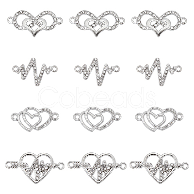 40Pcs 4 Styles Heart Theme Alloy Rhinestone & Cubic Zirconia Connector Charms RB-SC0001-11-1