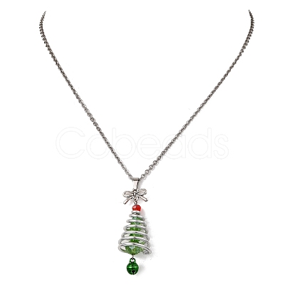 Aluminum & Green Glass Silver Christmas Tree Pendant 304 Stainless Steel Cable Chain Necklaces NJEW-JN05423-1