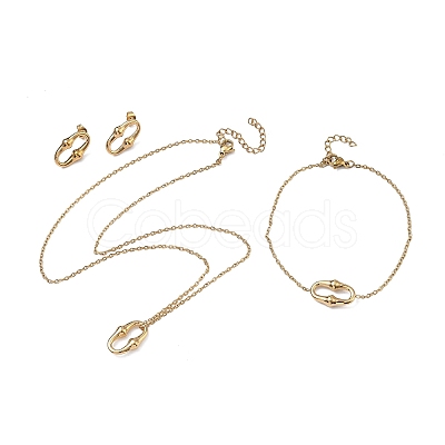 Oval 304 Stainless Steel  Pendant Necklacrs & Stud Earring & Link Bracelet Sets SJEW-C009-01G-1