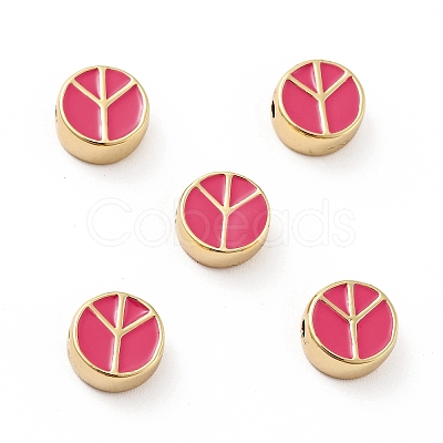 Flat Round with Peace Sign Brass Enamel Beads KK-G419-05G-02-1
