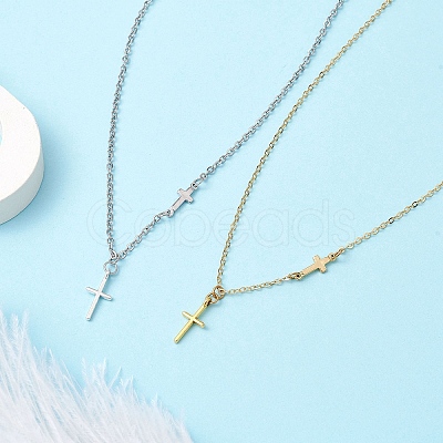 2Pcs 2 Colors Cross 304 Stainless Steel Pendant Necklaces for Women NJEW-JN05200-1