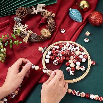 100Pcs 5 Style Christmas Themed Dyed Natural Wooden Beads WOOD-BT0001-07-1