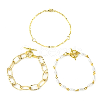 3Pcs 3 Style Aluminium Paperclip & Brass Curb & Imitation Pearl Acrylic Beaded Link Chain Bracelets Set BJEW-FS0001-08-1