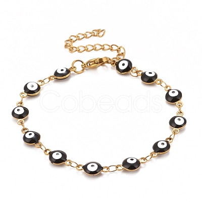 Enamel Oval with Evil Eye Link Chains Bracelet BJEW-P271-04G-1