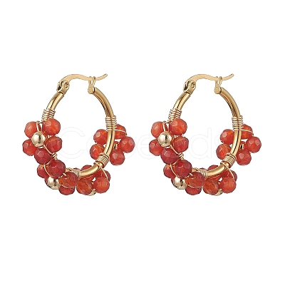 Flower Brass & Natural Carnelian Hoop Earrings EJEW-TA00781-01-1