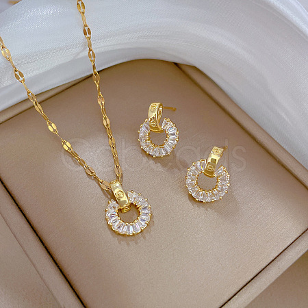 Brass Micro Pave Cubic Zirconia Pendant Necklace & Stud Earrings WG7AC39-45-1