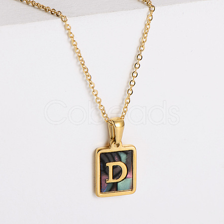 304 Stainless Steel Pave Natural Paua Shell Rectangle Initial Pendant Necklaces for Women FS-WG38E89-04-1