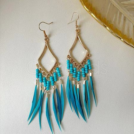Bohemian Style Alloy Glass Seed Beaded Feather with Rhombus Chandelier Earrings FS-WG1E384-08-1