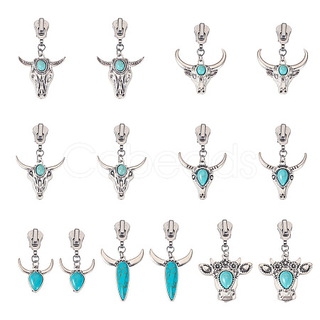 14Pcs 7 Styles Cattle Head Alloy & Synthetic Turquoise Zipper Sliders HJEW-TAC0102-1