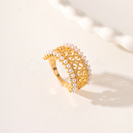 Hollow Brass with ABS Imitation Pearl Beads Wide Band Rings for Women OP9708-3-1