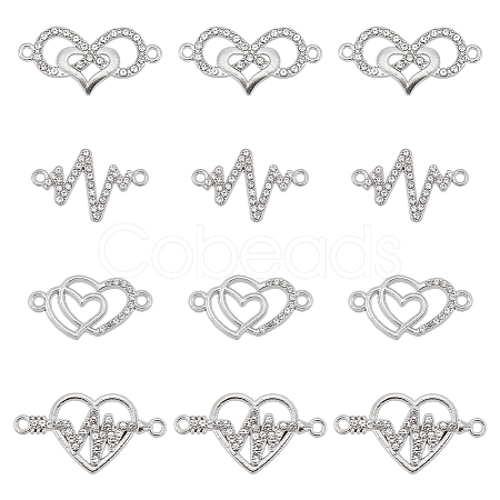 40Pcs 4 Styles Heart Theme Alloy Rhinestone & Cubic Zirconia Connector Charms RB-SC0001-11-1