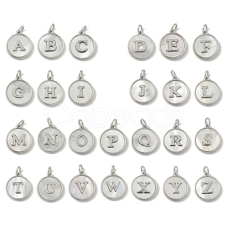 Brass Pave Natural Shell Flat Round with Letter A~Z Charms KK-Z115-13P-1