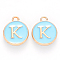 Golden Plated Alloy Enamel Charms, Cadmium Free & Lead Free, Enamelled Sequins, Flat Round with Letter, Sky Blue, Letter.K, 14x12x2mm, Hole: 1.5mm