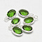 Oval Faceted Silver Tone Brass Glass Charms, Lime Green, 12x7x3.5mm, Hole: 1mm