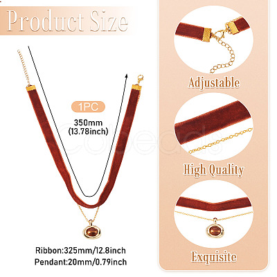 Alloy Resin Oval Pendant Single Face Dark Red Velvet Ribbon & Brass Chain Double Layered Choker Necklaces NJEW-TAC0038-1