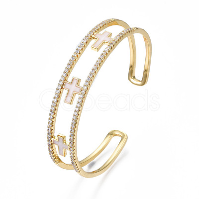 Enamel Cross Open Cuff Bangle with Clear Cubic Zirconia BJEW-N012-023-1