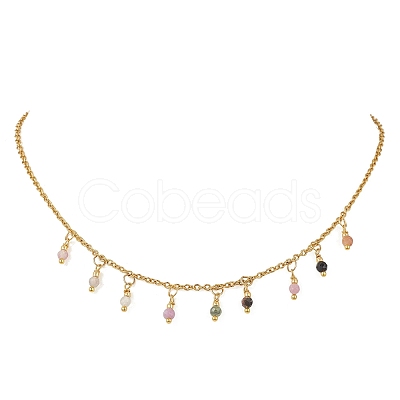 3MM Faceted Round Natural Multicolor Tourmaline Pendant Bib Necklaces with 304 Stainless Steel Cable Chains NJEW-JN05943-1