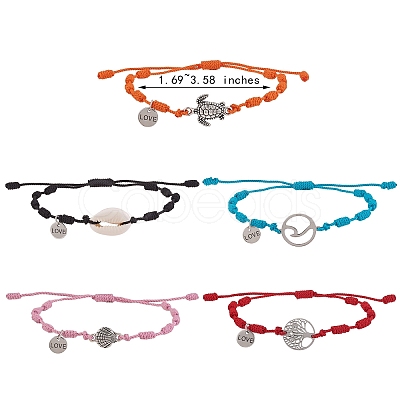 Natural Cowrie Shell & Tree & Turtle & Wave Link Bracelets Set BJEW-SW00030-1