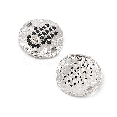 Brass Micro Pave Black Cubic Zirconia Disc with Hamsa Hand Connector Charms KK-P300-24P-02-1