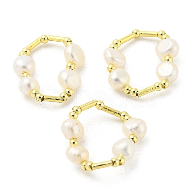 Brass & Natural Pearl Beaded Stretch Finger Ring RJEW-H220-44G-1