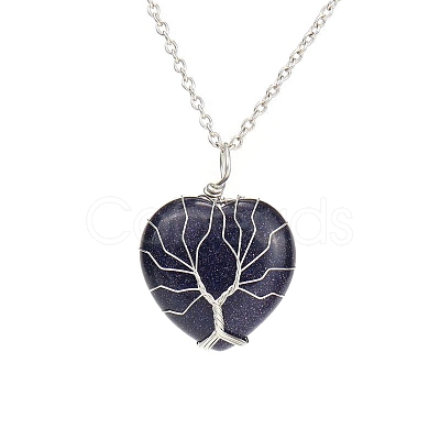 Synthetic Blue Goldstone Heart Pendant Necklaces PW-WG58330-08-1
