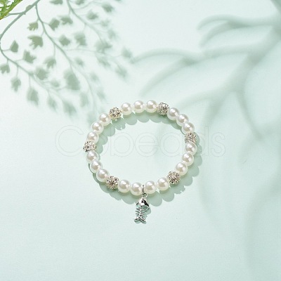 ABS Plastic Imitation Pearl & Rhinestone Beaded Stretch Bracelet with Alloy Charm for Women BJEW-JB08526-04-1