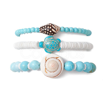 3Pcs 3 Styles Summer Beach Turtle Dyed Synthetic Turquoise & Shell Bead Bracelet Sets BJEW-JB10313-1