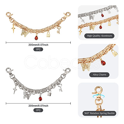 2Pcs 2 Styles Alloy & Glass Butterfly Star Key Charm Aluminum Chain Bag Decorative Chains HJEW-TAC0134-1