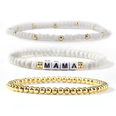 3Pcs Mother's Day Brass & Glass Seed Beads Stretch Bracelets SK3516-3-1
