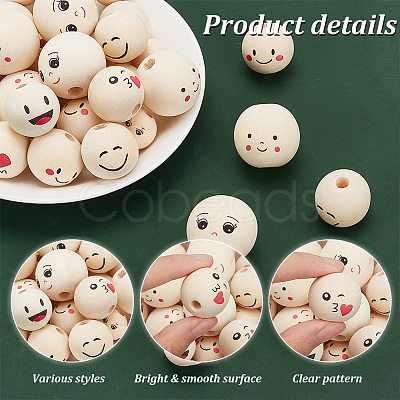 PandaHall Elite 38Pcs 7 Styles Round Printed Wood Beads WOOD-PH0002-62-1