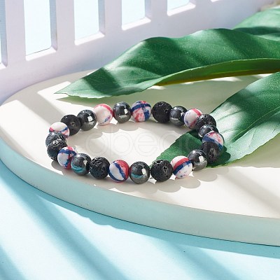 Natural Lava Rock & Synthetic Hematite & Ocean White Jade(Dyed) Round Beaded Stretch Bracelet BJEW-JB07972-01-1
