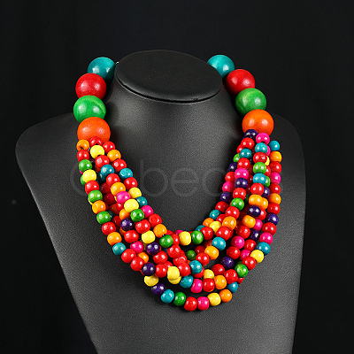 Bohemian Style Round Wood Beaded Multilayer Necklaces for Women WG93846-04-1