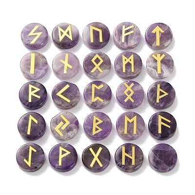 Brass Elder Futhark Alphabet Engraved Symbol Flat Round Natural Amethyst Rune Stones G-I373-01M-1