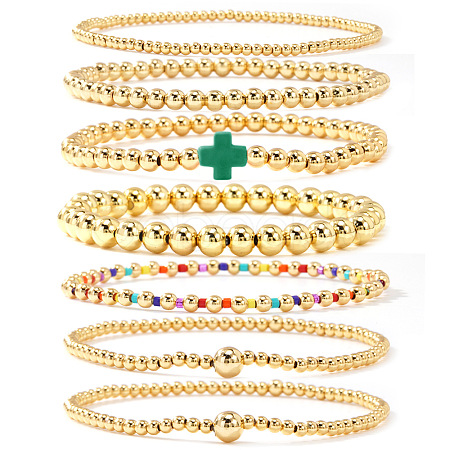 7Pcs Brass Round Beaded Bracelets for Women SB9067-1-1