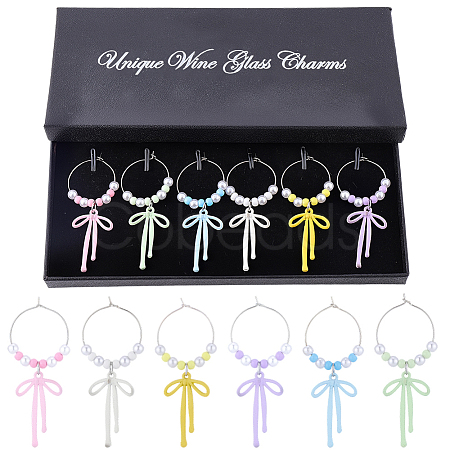 6Pcs 6 Colors Alloy Enamel Bowknot Glass Seed Beaded Wine Glass Charms AJEW-SC00076-1