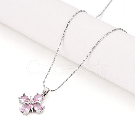 Brass Cubic Zirconia Flower Pendant 304 Stainless Steel Chain Necklaces NJEW-T018-02P-1