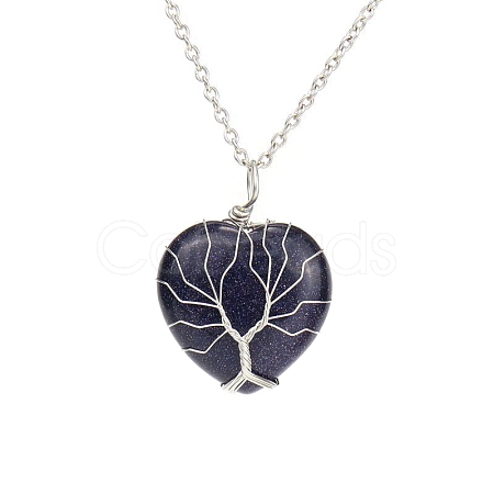 Synthetic Blue Goldstone Heart Pendant Necklaces PW-WG58330-08-1