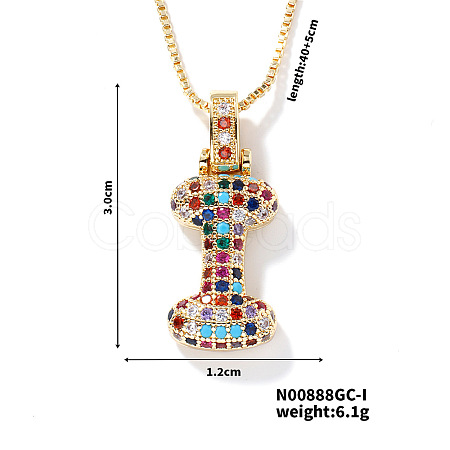 Brass Pave Colorful Cubic Zirconia Letter Pendant Box Chain Necklaces NU0575-9-1