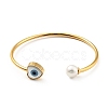 Shell Pearl & Heart with Evil Eye Open Cuff Bangle BJEW-G647-03G-1