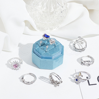 8Pcs 8 Style Flower & Butterfly & Diamond Rhinestone Rotating Open Cuff Rings Set with Glass RJEW-AN0001-12-1
