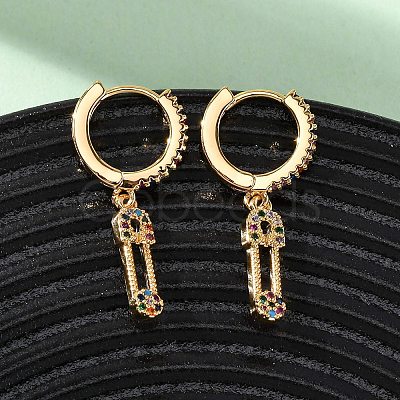 Safety Pin Brass Micro Pave Cubic Zirconia Hoop Earrings EJEW-F384-15G-02-1