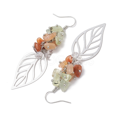 Leaf 201 Stainless Steel Natural Quartz Crystal & Natural Prehnite & Natural Carnelian & Natural Sunstone Chip Dangle Earrings EJEW-JE06138-03-1