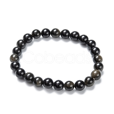 Natural Golden Sheen Obsidian Stretch Beaded Bracelets G-A185-01P-1